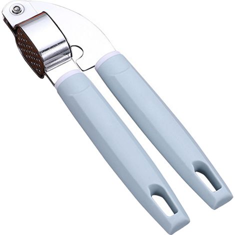 Presse-ail en acier inox avec manche plastique bleu, facile à presser et nettoyer, idéal pour la cuisine. (1/5)