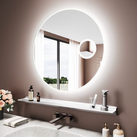 SIRHONA Miroir lumineux de salle de bain avec étagère éclairée - Miroir de salle de bain rond antibuée avec Bluetooth, trois modes d'éclairage et grossissement x3 , 80 x 80 cm