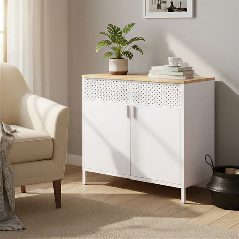 Buffet de Rangement en Acier, Armoire à Double Porte pour Salon, Fermeture Magnétique, Métal, Beige et Blanc (1/4)
