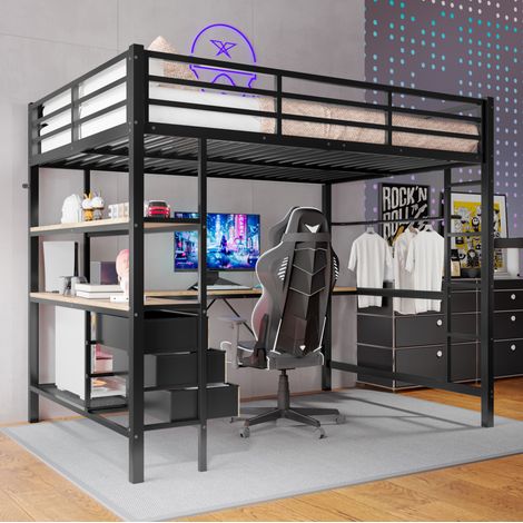 MEUBLIV Litera alta 140x200 cm negra – escritorio, LED y almacenamiento, sin colchón (1/5)