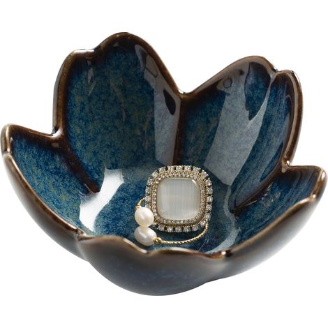 Boîte à couronne de fleurs, plateau à bijoux en céramique, bols et assiettes à bijoux, joli porte-bagues (bleu)