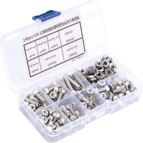 Kit d'assortiment de 140 vis à tête hexagonale creuse en acier inoxydable n° 10-32 (1/5)