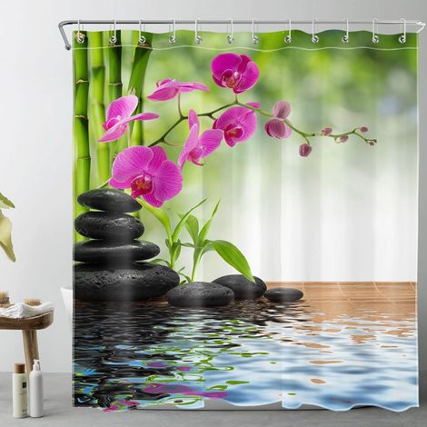 Rideau de Douche Printemps Spa orchidée en Bambou Noir Rideau en Pierre 180 x 200 cm Tissu de Polyester résistant à l'eau Accessoires de Maison en Tissu fixé avec Crochets (1/5)