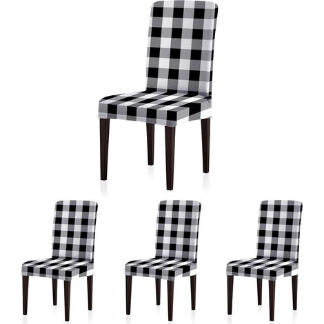 Housses de chaise en élasthanne à carreaux Buffalo amovibles et élastiques pour salle à manger, restaurant, hôtel, banquet, cérémonie, lot de 4, carreaux noir/blanc (1/5)