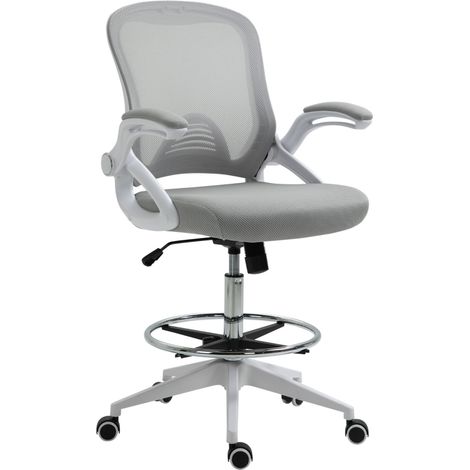 Silla de Oficina, Respaldo Ergonómico con Reposabrazos Abatibles, Reposapiés Ajustable, Plástico Gris Claro (1/5)