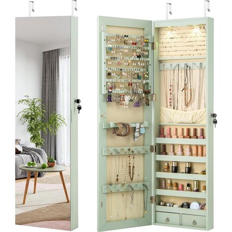 GOPLUS Armoire à Bijoux avec Miroir, Armoire a Bijoux Murale avec Éclairage LED, 2 Tiroirs, Fixer au Mur ou à Suspendre sur Porte, pour Ranger Boucles d'Oreilles et Colliers (Vert)