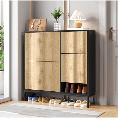 Scarpiera con panca estraibile e vano aperto 100 x 25 x 100 cm MDF nero effetto legno (1/5)