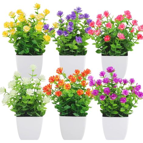 Lot de 6 Fleurs Artificielles 19 cm Petit Pot de Fleur Exterieur Pot Plastique Plante Artificielle pour Decoration Chambre Salon Maison Bureaux (1/5)