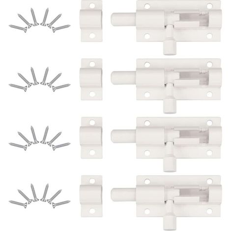 4 Pièces Verrou de Porte, Verrou Porte Interieure avec 24 Vis ， Loquet Porte Coulissante, Loquet de Porte, Verrou Targette, Loquet Coulissant, pour Portail De Jardin, Cabanon, Wc (Blanc) (1/4)