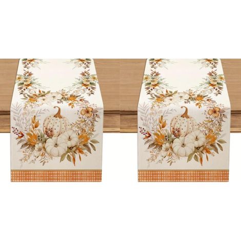 Camino de mesa rústico de lunares con calabazas y guirnalda otoñal, 33 x 183 cm, estampado floral naranja y de búfalo, ideal para la cocina (2 piezas). (1/4)