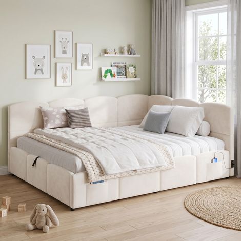 Bett Daybed modern aus Samt Beige 140x200 cm mit Lattenrost, Stauraum, USB-A/USB-C und Seitentaschen