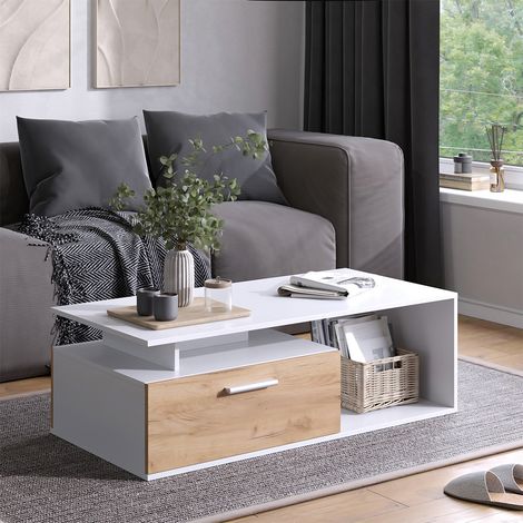Mesa de centro Roland, Roble blanco/dorado, 118 x 59 cm, Vicco