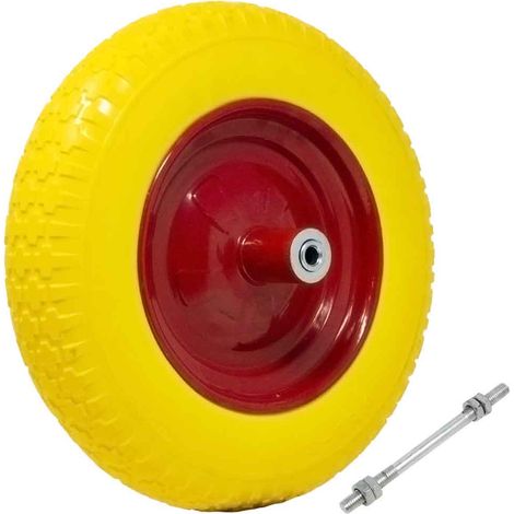 Ruota Piena Antiforatura PU Gialla per Carriola 35cm + Asse Lungo 210mm Acciaio (1/5)