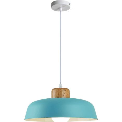 Suspension ronde en métal de 300 mm de couleur macaron, finition en bois simple moderne E27 Loft Bar Plafonnier, Lustre de salle à manger d'îlot de cuisine (Bleu) (1/5)