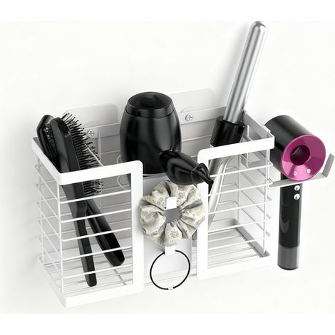 Étagère murale de salle de bain en métal, support 3 en 1 pour fers à friser, lisseurs et sèche-cheveux (Blanc) (1/5)