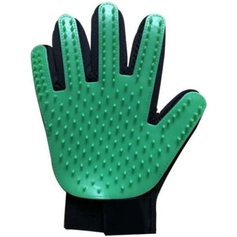 Gants de toilettage pour chiens et chats, modèle à jambes droites, verts, 23 x 17 cm, en silicone souple, avec une sangle de poignet réglable pour un massage doux et un peignage efficace. (1/4)