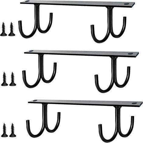 Set of 3 Hanging Cup Holders Under Cupboard, Cup Under Cabinet Storage Hooks, 12 Hooks - Coffee Cup Holder Under Shelf (Black) (1/5)