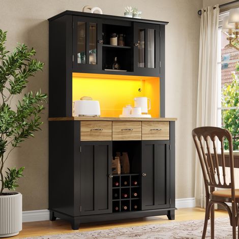 Meuble de cuisine, 106 x 40 x 179,5 cm, armoire haute, buffet de cuisine, vitrine, buffet avec étagères réglables, vaisselier avec éclairage LED, buffet (tiroirs couleur bois)