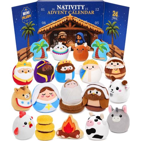 Adventskalender 2026 - 24 Fächer - verschiedene Farben - Gummimaterial - Maße 28 x 22 x 3 cm - Set mit Plüschfiguren einer Krippe - geeignet für Weihnachten und als Überraschungsgeschenk für Kinder un (1/5)