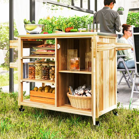 Isola cucina da esterno, carrello barbecue con armadietto e ripiani, carrello cucina in legno e acciaio inox, con ruote, legno naturale
