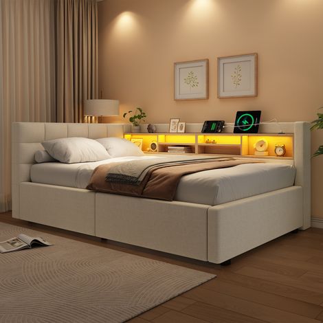Lit banquette coffre 90x200cm avec éclairage LED dimmable, tête de lit étagère et prises USB, lin beige (1/5)