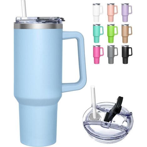 Vaso térmico con tapa 2 en 1 de 1180 ml, vaso con tapa y pajita, taza aislante de acero inoxidable con asa, vaso para bebidas frías y calientes (1/5)