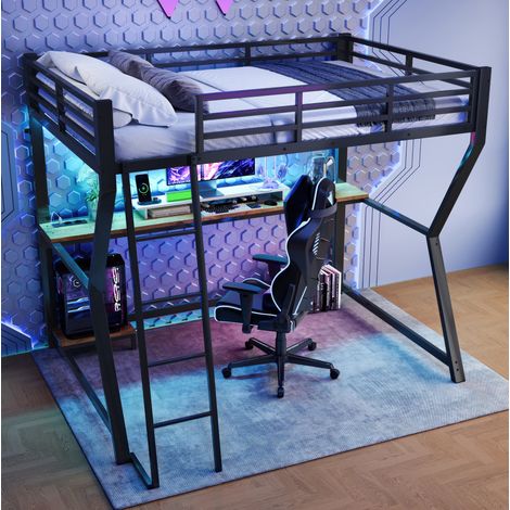 MEUBLIV Letto a soppalco 90x200 cm nero con scrivania, LED, prese USB, senza materasso (1/5)
