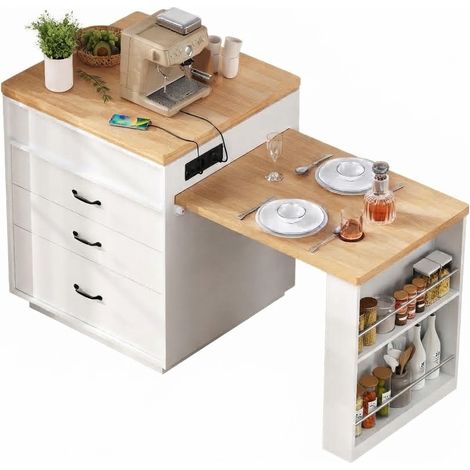 ELVMI Kücheninsel Ausziehbar mit Schubladen, Regalen, LED und USB Type-C Station, für Küche und Esszimmer, MDF Weiß (1/5)
