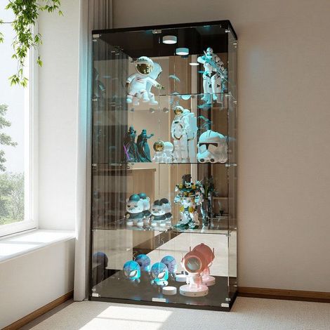 Vetrina in Vetro Temperato 5mm, Mobile Vetrina 4 Ripiani con Illuminazione a LED, Installazione Facile, per Soggiorno Ufficio, Nero, 164x80x36cm