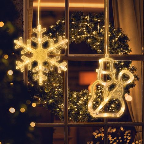 Weihnachtslichter in Form von Schneeflocken und Schneemännern, LED-Lichterketten für Fenster, batteriebetrieben, für Weihnachtsdekoration, Balkon, Party (warmweiß) (1/5)