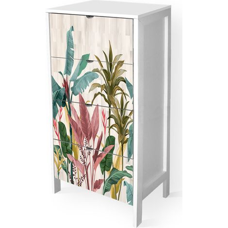 Lupia - Cassettiera Mobile Italy, Stile Minimal in Legno, 4 Cassetti, Stampa BANANA LEAVES, Adatta a Ogni Stanza, 39x29xH78 cm, organizer Colore Bianco decorato