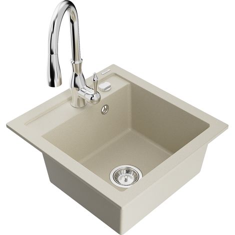 Mexen Vito évier en granit à 1 cuve avec robinet mélangeur Savita, Beige - 6503-69-672601-00 (1/5)