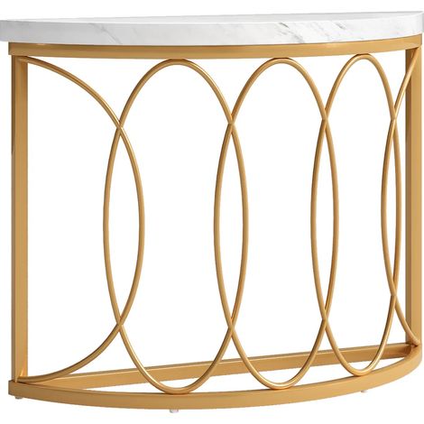Mesa consola semicircular de MDF y metal, blanco y dorado, 110 x 35 x 80 cm (1/5)