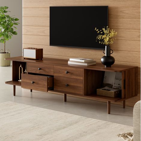 Mueble TV 165x40x46 cm, con 4 cajones y 2 puertas correderas, gran almacenaje, MDF, color nogal (1/5)