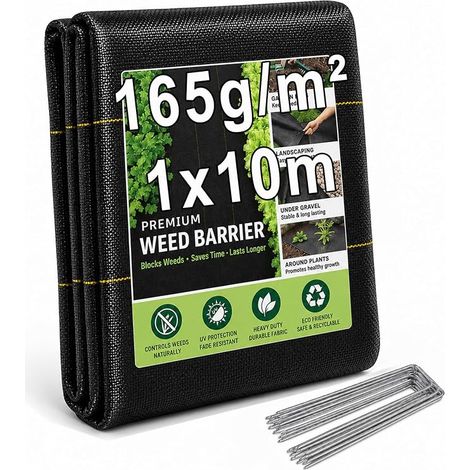 Toile de Paillage 1x10m Geotextile 165g/m², Bâche Anti Mauvaises Herbes PP Tissé Résistant, Perméable à l'eau, Anti-UV, pour Aménagement Paysager et sous Gravier (1/5)