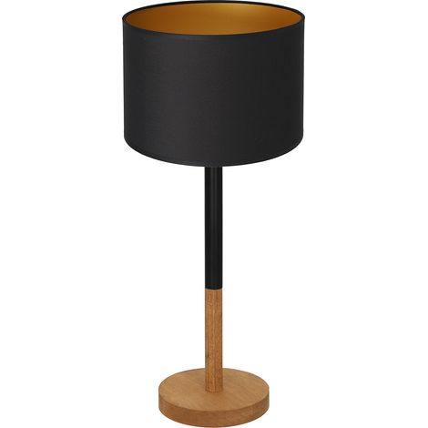 Lampe de table noire abat-jour or base bois E27 Luminex