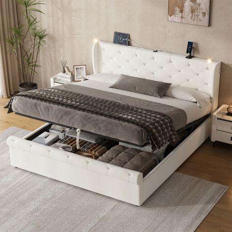 5ft King Velvet Upholstered Storage Bed with Hydraulic Lift, Diamond Tufted Headboard & Charging Station - USB/Type-C Ports & Reading Light, Beige (No Mattress) (1/5)