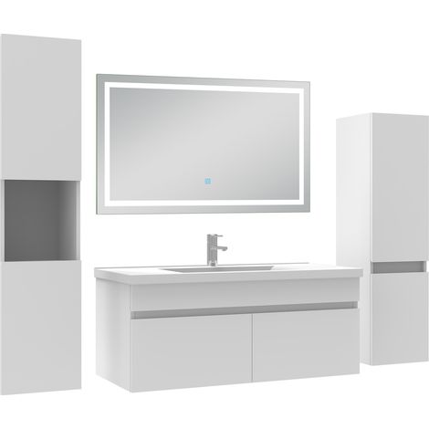 Ocean Ensemble meuble Salle de Bain 100cm avec colonne + miroir lumineux 3 couleurs blanc