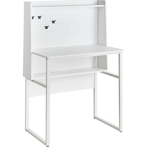 Escritorio para oficina en casa con estantes de almacenaje y panel perforado blanco Buxton