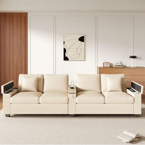 Divano 4 posti 299x80x82.7 cm beige in corduroy con porte USB/USB-C e vano contenitore (1/5)