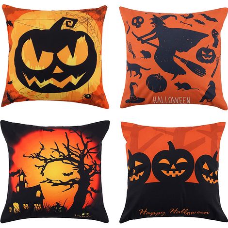 Set mit 4 Kissenbezügen mit Halloween-Kürbiskopf-Print, Kürbis-Sofakissenbezüge (45 x 45 cm) (1/4)