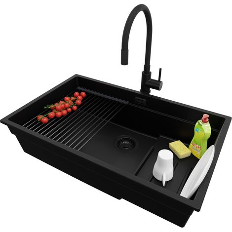 PRIMAGRAN Evier Cuisine en Granit 76x47cm, Lavabo 1 bac + Kit de Vidage + Accessoire, Évier à Encastrer au meuble 80cm - Prague Slim, Tout Noir (1/5)