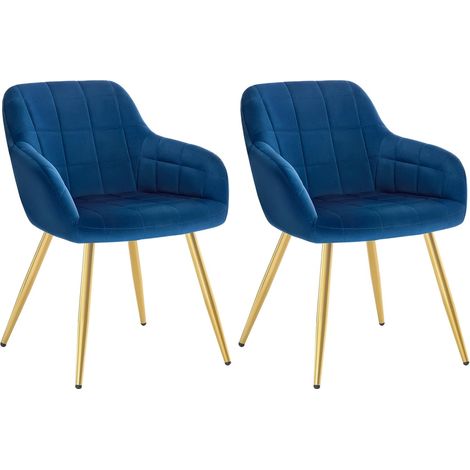 WOLTU Set of 2 Kitchen Dining Chairs Velvet Armchairs with Padded Seat Metal Leg Blue