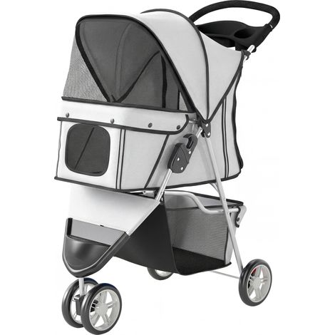 Poussette pour Chien 4 Roues, Chariot Pliable avec Auvent Réglable, Panier de Rangement, 77x44x102cm, Gris (1/5)