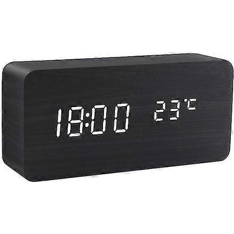 LED-Wecker mit Holzrahmen, Tischuhr, Sprachsteuerung, digitaler Wecker, USB-/AAA-Stromversorgung, elektronischer Desktop-Wecker-Black wood