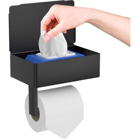 Porta carta igienica - Porta rotolo WC - Acciaio inox - 2 in 1 - Porta rotolo autoadesivo senza foratura - Nessuna foratura - Porta carta igienica con ripiano - con scatola per salviettine umidificate (1/5)