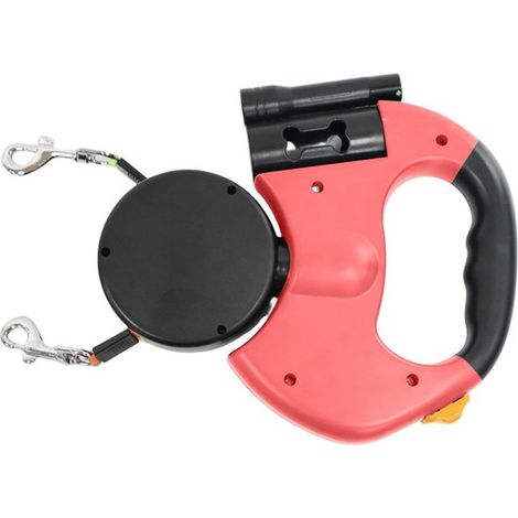Laisse double extensible pour chien 3 m, laisse pour deux chiens avec poignée antidérapante, flexible et résistante, pour petits et moyens chiens, rouge (1/5)