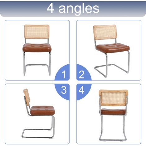 Chaises de salle à manger style Mid-Century Modern — Lot de 2 chaises en rotin avec touches de revêtement en similicuir design sans accoudoirs avec dossiers en maille et pieds en métal chromé (Marron (1/4)