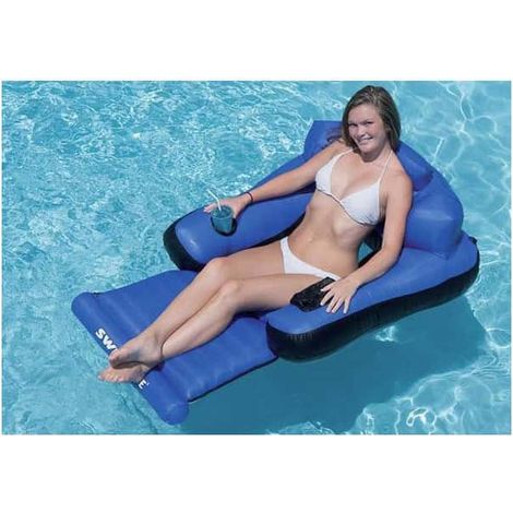 Chaise longue gonflable luxe pour piscine – Nylon bleu/noir – Accoudoirs et repose-tête intégrés – Poche de rangement et repose-verre