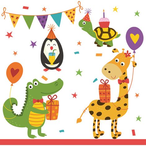 Servilletas de cumpleaños con diseño de animales, 33x33 cm, 20 unidades.